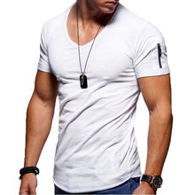 Load image into Gallery viewer, 2020 nova camiseta masculina com decote em v aptidão musculação camiseta alta rua verão de manga curta zíper casual algodão topo
